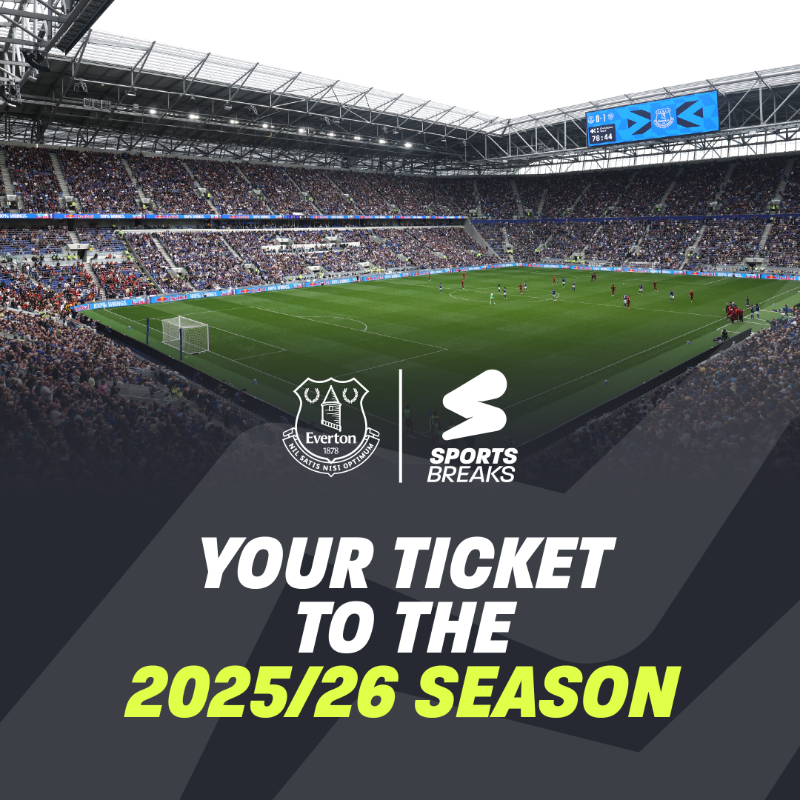 Everton's tweet photo. The wait is over! ⚽️
 
The 2025/26 Premier League season has begun at Hill Dickinson Stadium. Be there with our Official Partner, @sportsbreakscom 🎟️

Ticket + hotel breaks available for every home fixture. Book your spot now as some fixtures are already sold out.