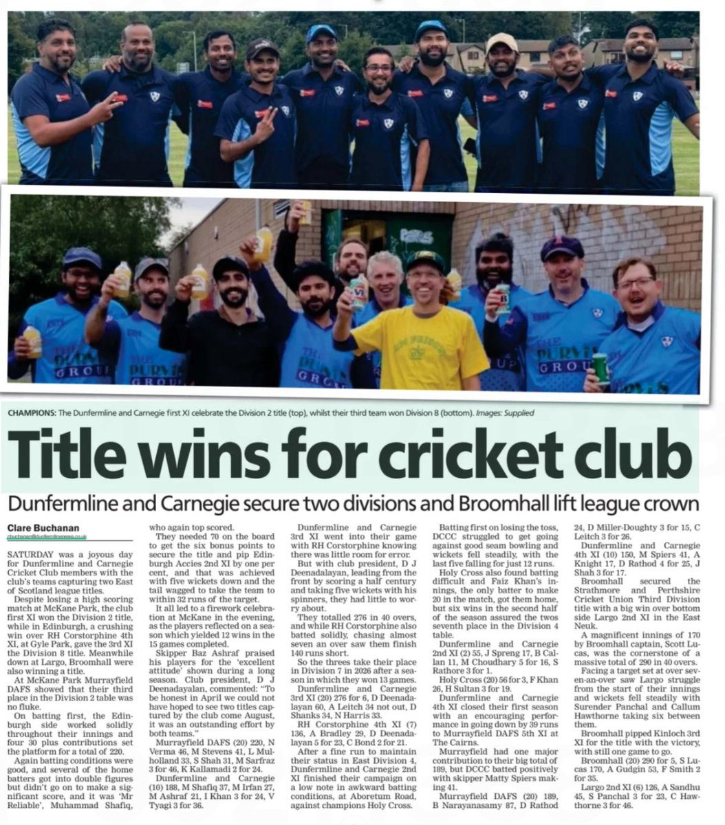 Scottish Cricket Past Present and Future (@scottycricket) on Twitter photo Weekend Update
<a href="/dunfandcarnegie/">Dunf & Carnegie</a> x 2 <a href="/ESCACricket/">ESCA</a> Champions 🏆🏆
<a href="/BroomhallCC/">Broomhall CC</a> <a href="/SPCU_cricket/">Strathmore & Perthshire Cricket Union - SPCU</a> Champions 🏆 Weekend Update
<a href="/dunfandcarnegie/">Dunf & Carnegie</a> x 2 <a href="/ESCACricket/">ESCA</a> Champions 🏆🏆
<a href="/BroomhallCC/">Broomhall CC</a> <a href="/SPCU_cricket/">Strathmore & Perthshire Cricket Union - SPCU</a> Champions 🏆