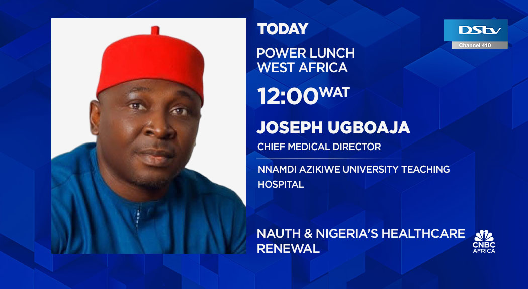 cnbcafrica's tweet photo. [WATCH] Today on #PLWA: Nauth &amp; Nigeria's health renewal. We're joined by Joseph Ugboaja (@joeugboaja529), Chief Medical Director, Nnamdi Azikiwe University Teaching Hospital, for more. 

📺Tune in at 12h00 WAT on #DSTV410. https://t.co/nGejVFqhwz