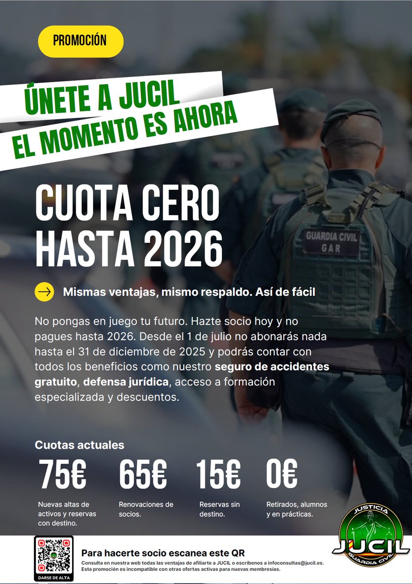 ✔ Equiparación salarial, jubilación digna y profesión de riesgo.
✔ Conciliación familiar: TURNOS 6X6.
✔ No dejamos atrás a los compañeros que están en reserva.
✔ Damos la cara por tí ante el abandono institucional que sufres.

Si quieres estar en la mejor asociación