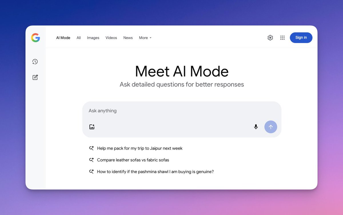 labnol's tweet image. Bookmark this page to open Google in AI mode directly 

google.com/search?udm=50