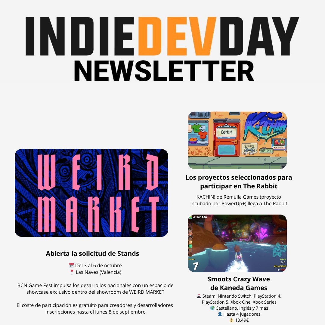 📰 Newsletter 76 📰

1️⃣ Participa en el IndieDevPlay de <a href="/WeirdMarket/">WEIRD</a> 🎮
2️⃣ KACHIN! de <a href="/RemullaGames/">KACHIN! 🦖 | Wishlist on Steam!</a> llega a <a href="/workationRe/">Coconat</a>  👕🚀
3️⃣ Smoots Crazy Wave de <a href="/KanedaGamesSL/">Kaneda Games - Wishlist Zaya NOW!</a> <a href="/JanduSoft/">JanduSoft - Porting & Publishing</a> 🎮🚤

Suscríbete en 🔗 eepurl.com/dJJ8u2