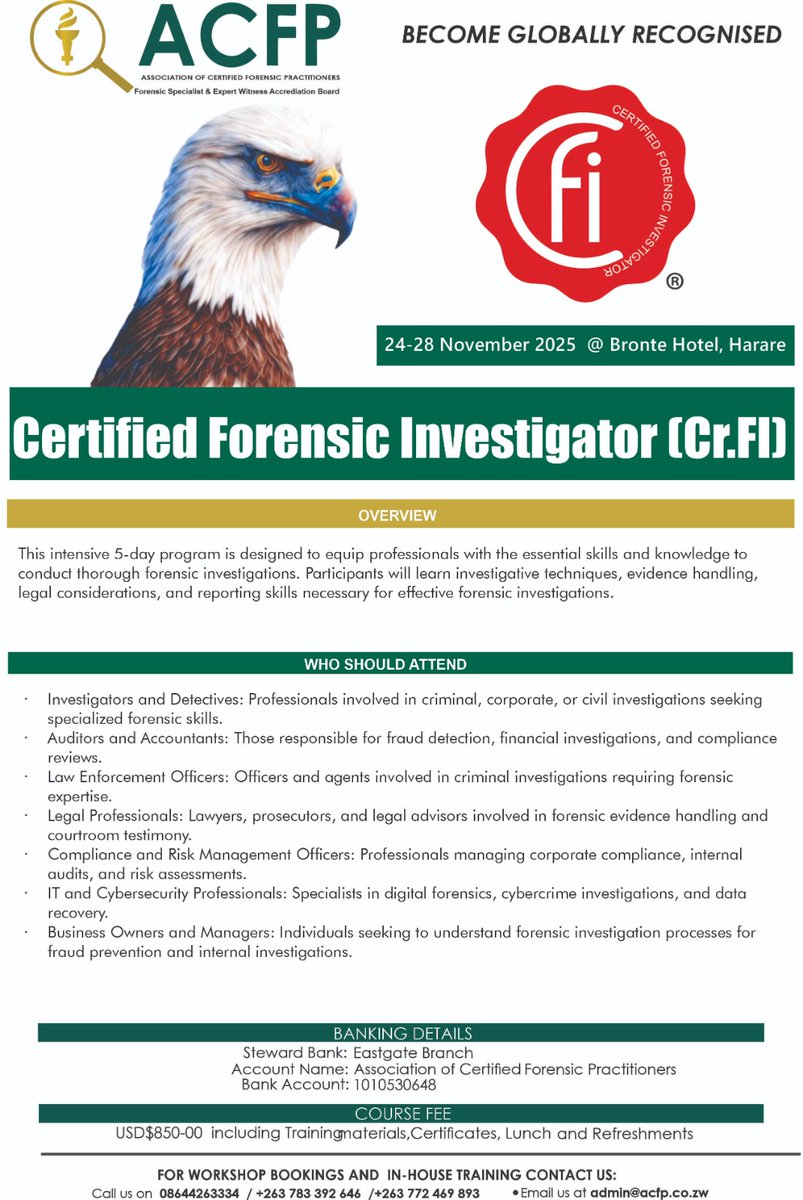 Certified Forensic Investigator 24 - 28 2025 November Bronte Hotel Harare