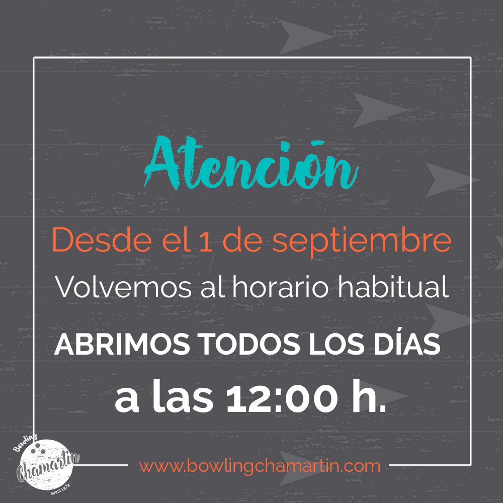 🎳¡Atención, jugones de los bolos!
Se acabó el horario de verano: desde el 1 de septiembre volvemos a nuestro horario habitual para que tengas más tiempo de hacer plenos
🗓️ Domingo a jueves → 12h a 00h
🗓️ Viernes → 12h a 01h
🗓️ Sábados → 12h a 02:00h
#boleramdrid #planesmadrid