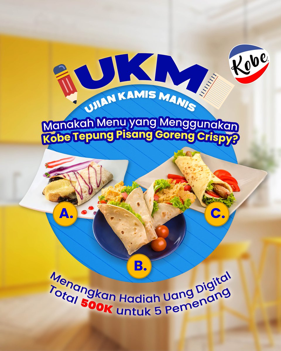 Saatnya Ujian Kamis Manis berhadiah!

Manakah Menu yang dibuat menggunakan Kobe Tepung Pisang Goreng Crispy?

Menangkan Hadiah Uang Digital Total 500K untuk 5 Pemenang Beruntung!

Good luck, Bestie!

#dapurkobe #tepungkobe #giveaway #giveawayindo #kuis #resep #KataOrangBanyakEnak