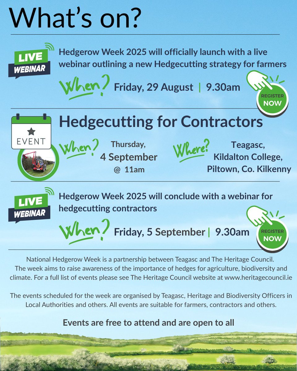 Teagasc (@teagasc) on Twitter photo Hedgerow Week will officially launch tomorrow, 29 August with a live webinar outlining a new hedge cutting strategy for farmers. The webinar will feature guest speakers Meadhbh Bolger, <a href="/HeritageHubIRE/">The Heritage Council</a> & Dr. Catherine Keena, <a href="/TeagascEnviron/">Teagasc Environment</a>.
Register on teagasc.ie/hedgerowweek25 Hedgerow Week will officially launch tomorrow, 29 August with a live webinar outlining a new hedge cutting strategy for farmers. The webinar will feature guest speakers Meadhbh Bolger, <a href="/HeritageHubIRE/">The Heritage Council</a> & Dr. Catherine Keena, <a href="/TeagascEnviron/">Teagasc Environment</a>.
Register on teagasc.ie/hedgerowweek25