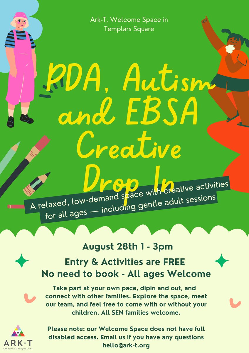 Join us for a free family drop-in at Ark-T!✨

Navigating PDA, EBSA or Autism? You're invited to a calm and welcoming afternoon! 💖

TODAY from 1-3pm, come and enjoy:
- Creative and sensory play for all ages
- Low-demand wellbeing activities for adults

#Autism #PDA #EBSA #Oxford