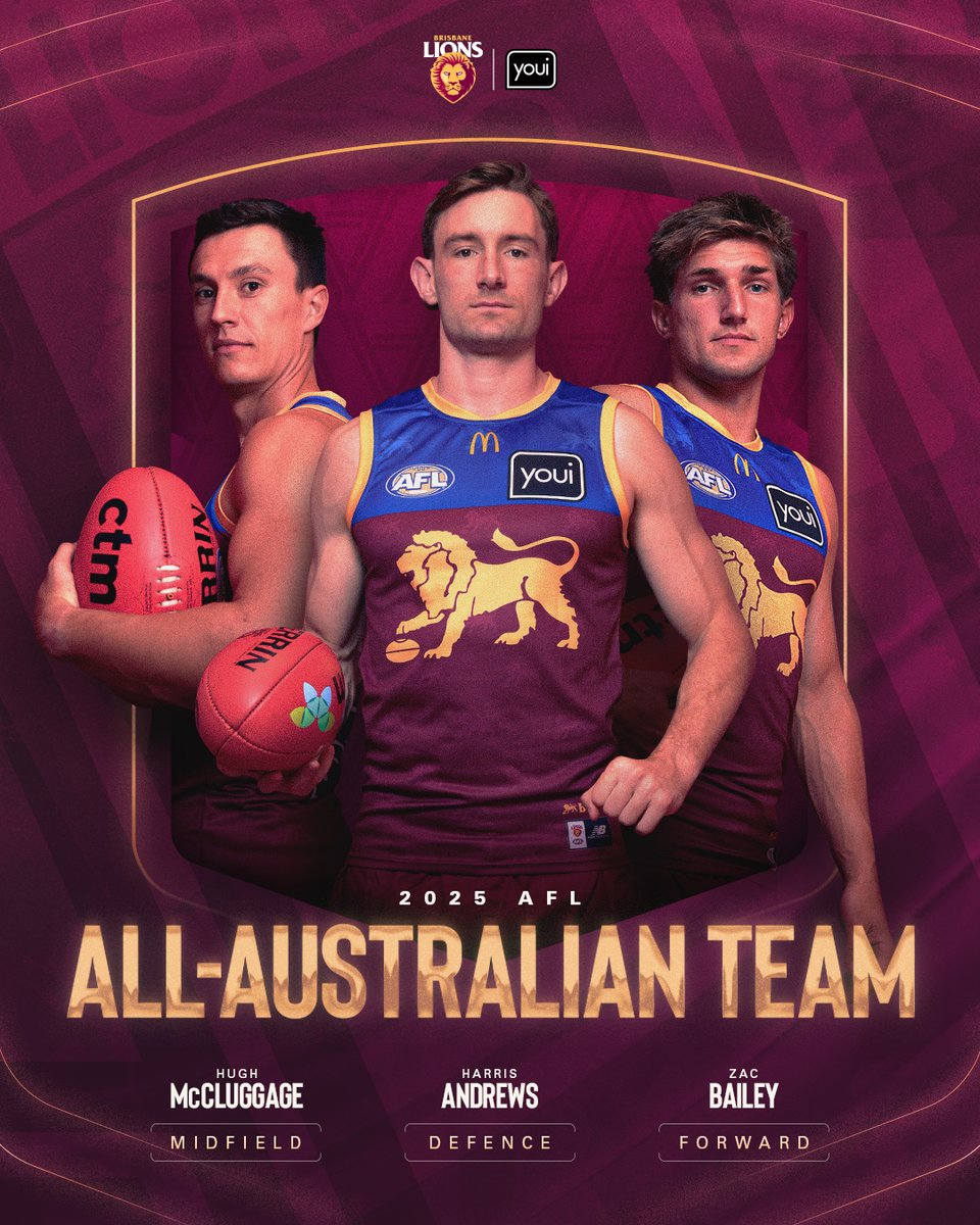 Three Lions, three stars, one massive achievement 🌟🌟🌟 Hugh McCluggage, Harris Andrews and Zac Bailey have all been crowned All-Australians in 2025! 🦁🙌
