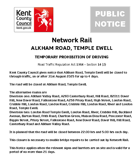 KentHighways's tweet image. Temple Ewell, Alkham Road: Will be closed overnight on 31st August for 4 nights (22:00-05:00) to enable bridge repairs to be carried out by Network Rail.: moorl.uk/?qdkcvs