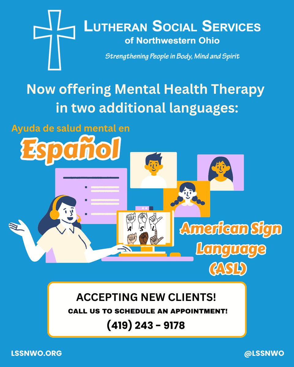 At LSSNWO, we do our best to eliminate any barriers that effect you receiving your mental health care. We are happy to announce that we now have a clinician on staff who speaks Spanish, and uses American Sign Language (ASL). Call us at 419.243.9178 for an appt #ESL #ASL #LSSNWO