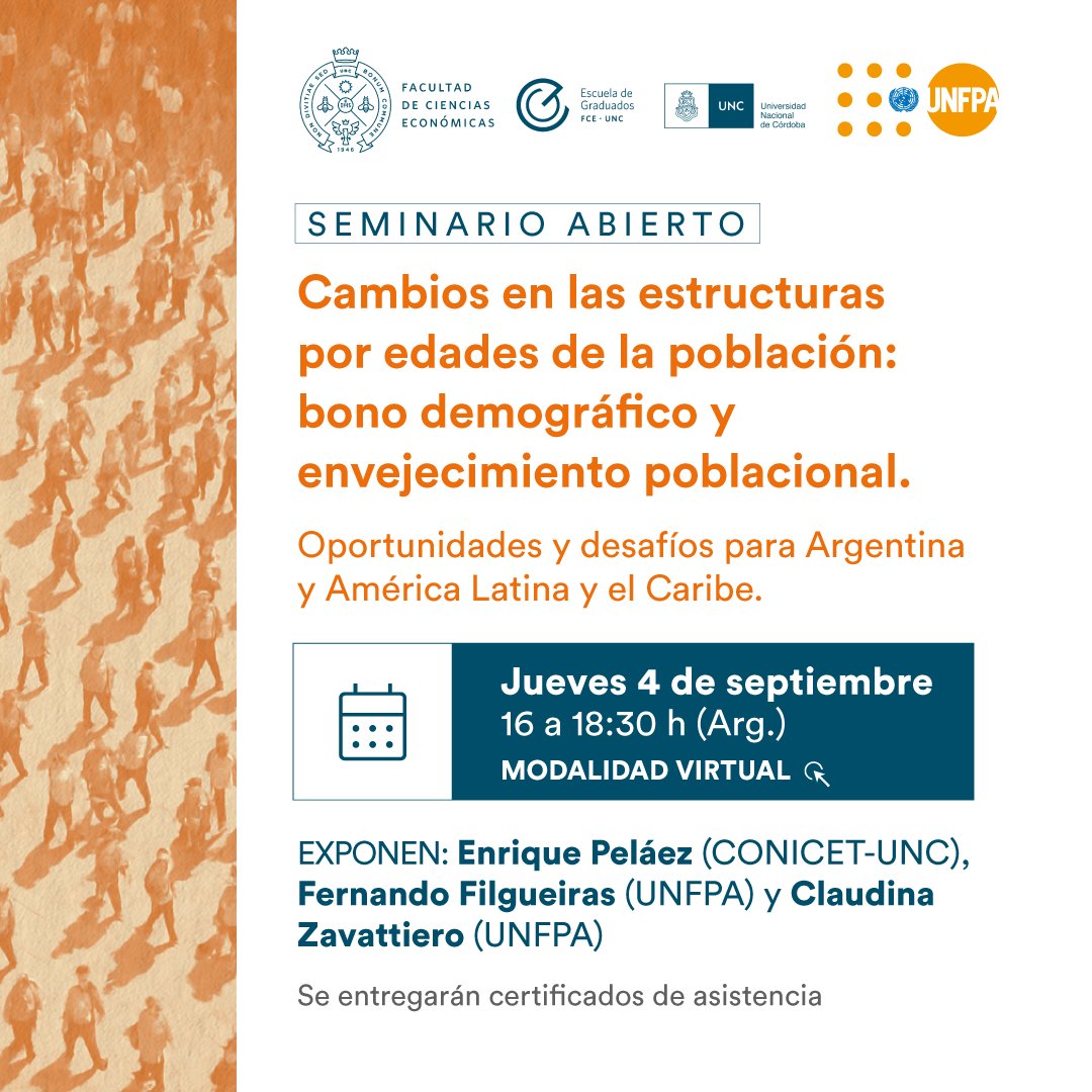 Junto al doctorado en Demografía de <a href="/unc_cordoba/">UNC</a> el 4/09 realizaremos el Seminario abierto “Cambios en las estructuras de edad de la población: bono demográfico y envejecimiento poblacional”.

Inscribite acá: bit.ly/4myBPXn
Conocé la agenda: bit.ly/46b9zEv