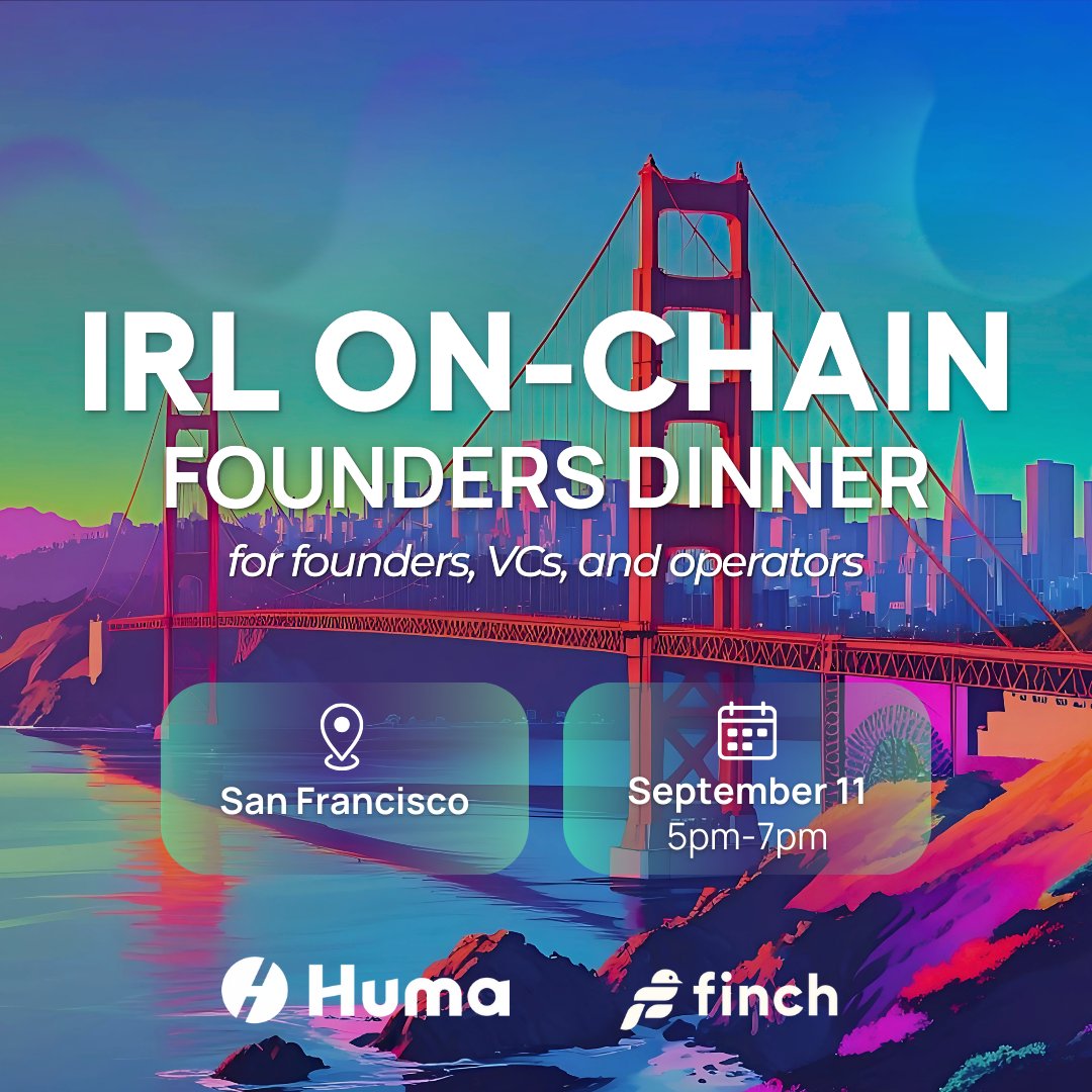 Urban Finch (@urbanfinch) on Twitter photo We’re kicking off IRL ON-CHAIN Founders Dinner in SF,
a private dinner for founders, 
VCs & operators building at the edge of fintech & web3.
 
🎤Fireside chat with <a href="/0xErbil/">Erbil 🇺🇸🇹🇷</a> , CEO of <a href="/humafinance/">Huma Finance 🟣 at KBW 🇰🇷</a> 
 🍷 Curated dinner & networking
 ⏳ Seats are limited
📅 Sep 11 | 5 PM | San We’re kicking off IRL ON-CHAIN Founders Dinner in SF,
a private dinner for founders, 
VCs & operators building at the edge of fintech & web3.
 
🎤Fireside chat with <a href="/0xErbil/">Erbil 🇺🇸🇹🇷</a> , CEO of <a href="/humafinance/">Huma Finance 🟣 at KBW 🇰🇷</a> 
 🍷 Curated dinner & networking
 ⏳ Seats are limited
📅 Sep 11 | 5 PM | San