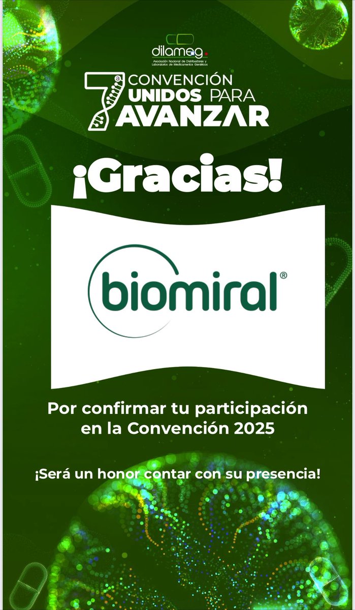 ¡Nos complace recibir a Biomiral en la 7a. Convención Dilameg 2025! Con el lema “Unidos para Avanzar”, celebramos la fuerza de la colaboración en la #IndustriadeMedicamentosGenéricos.
#Dilameg2025  #UnidosParaAvanzar