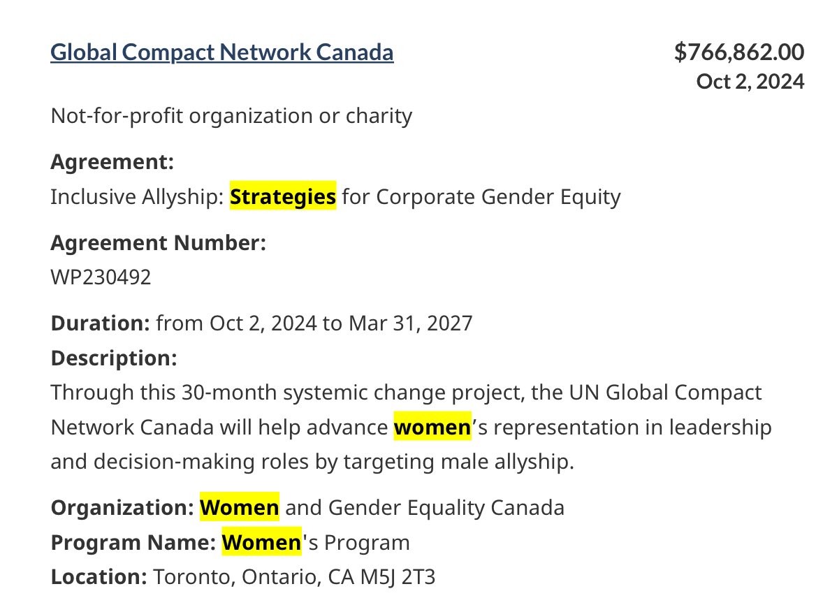 While you struggle to pay your bills, the government sent $766,862 to a United Nations “corporate sustainability” initiative to “help advance women's representation in leadership by targeting male allyship.”

This is part of the reason Canadians can’t have nice things.