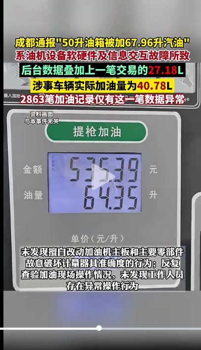 lenscn's tweet photo. 成都通报"50升油箱被加67.96升汽油"
我帮成都政府总结一下：仅此一例，问题不大🤣 https://t.co/mlLXieMTei