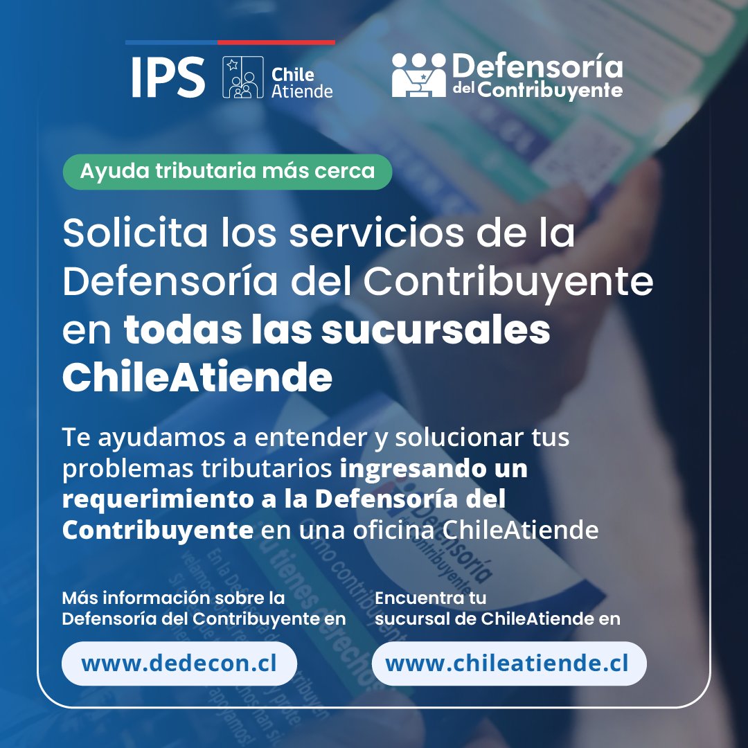 📢¡Buenas noticias! Ahora puedes acceder al apoyo de la Defensoría del Contribuyente en todas las sucursales #ChileAtiende.
✔️ Te ayudaremos a ingresar un requerimiento a la Dedecon, en trámites relacionados con SII, Tesorería o Aduanas.
ℹ️Infórmate👉 tinyurl.com/ycdbj2k3