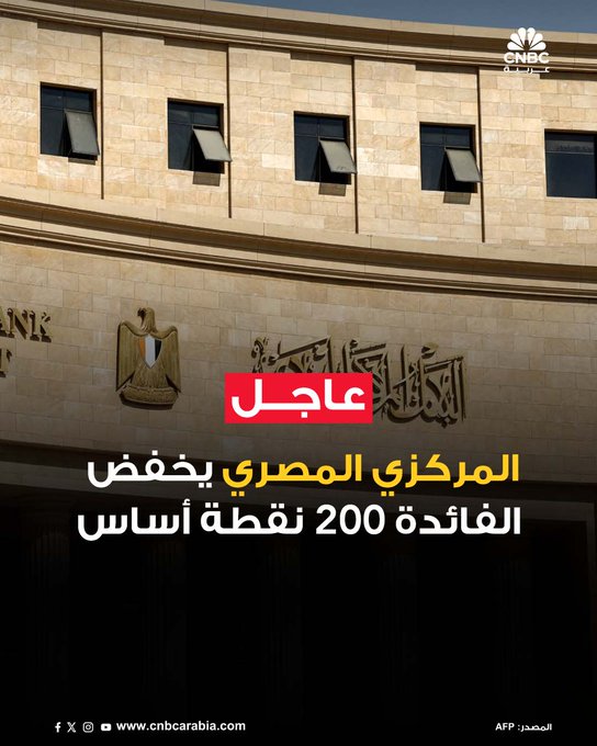 قرر البنك المركزي المصري خفض الفائدة 200 نقطة أساس. قرار المركزي يتفق مع نتائج استطلاع خاص أجرته CNBC عربية وتم نشره مطلع هذا الأسبوع، حيث توقع معظم المشاركين أن يعود المركزي المصري لسياسة التيسيير النقدي بخفض للفائدة بنسبة تتراوح بين 100 إلى 200 نقطة أساس #عاجل 
