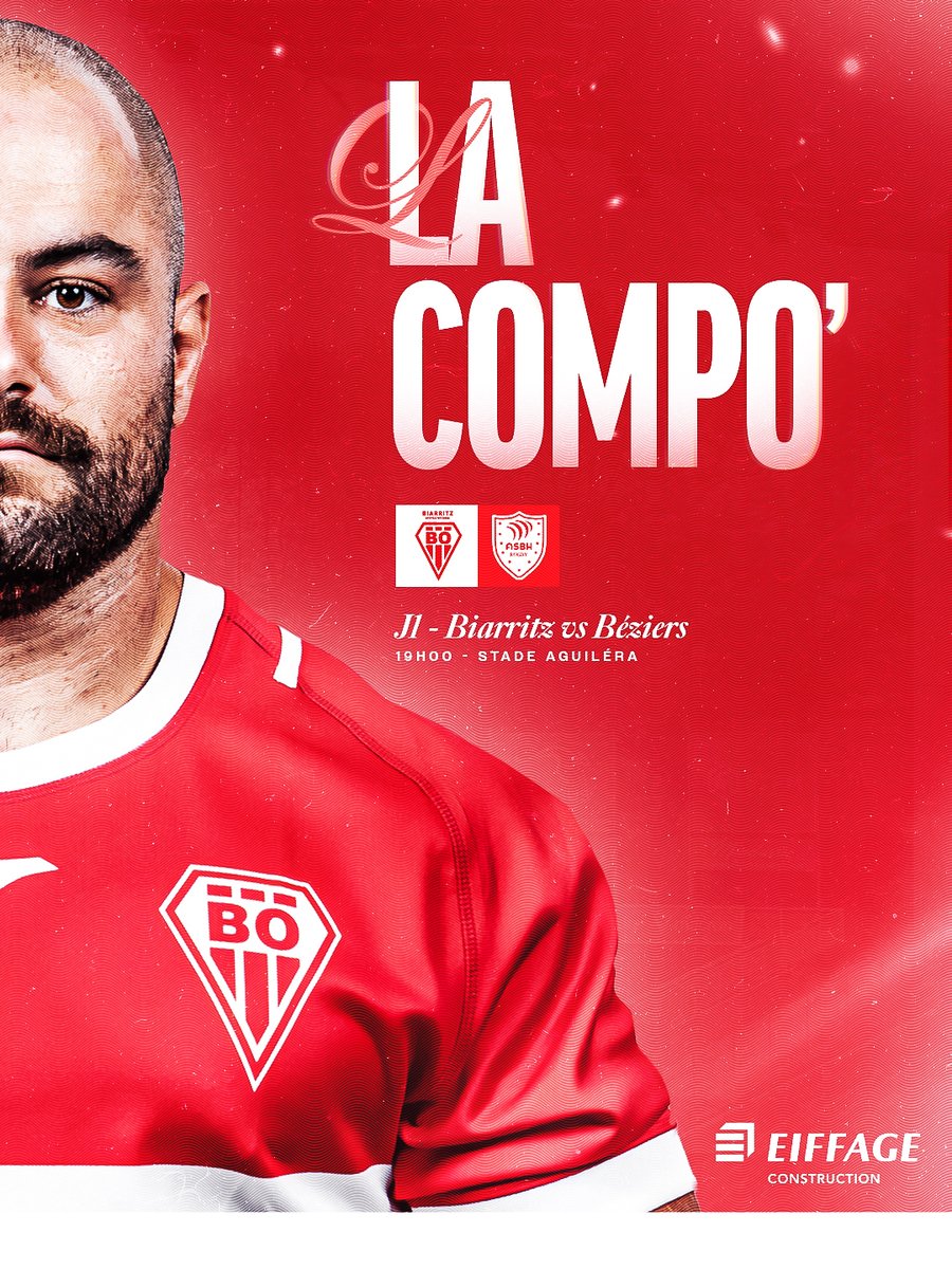 BOPBweb's tweet photo. 🔴 𝙇𝘼 𝘾𝙊𝙈𝙋𝙊
⚪ 𝙊𝙎𝘼𝙆𝙀𝙏𝘼 
avec Eiffage Construction

👥 Les 23 Biarrots choisis pour la réception de Béziers 
💥 Top départ de la saison 25/26 de @rugbyprod2 

#BOASBH | #BOPB | #AupaBO https://t.co/x6gIqeJxaj