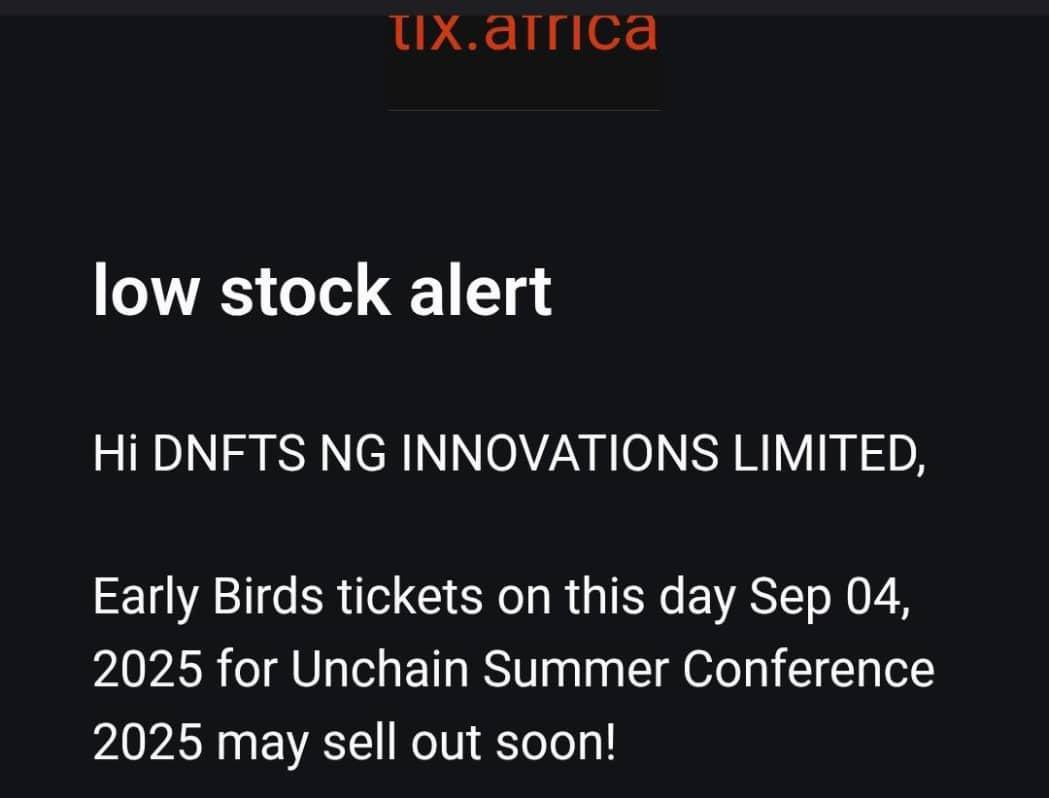 NFT__NG's tweet image. Early Bird tickets for Unchain Summer 2025 are almost gone.

Don’t wait until it’s too late before you secure your spot at Africa’s biggest Web3 event.

👉🏻 Get your ticket now: tix.africa/unchainsummer

#UnchainSummer25 #Web3ForEveryone