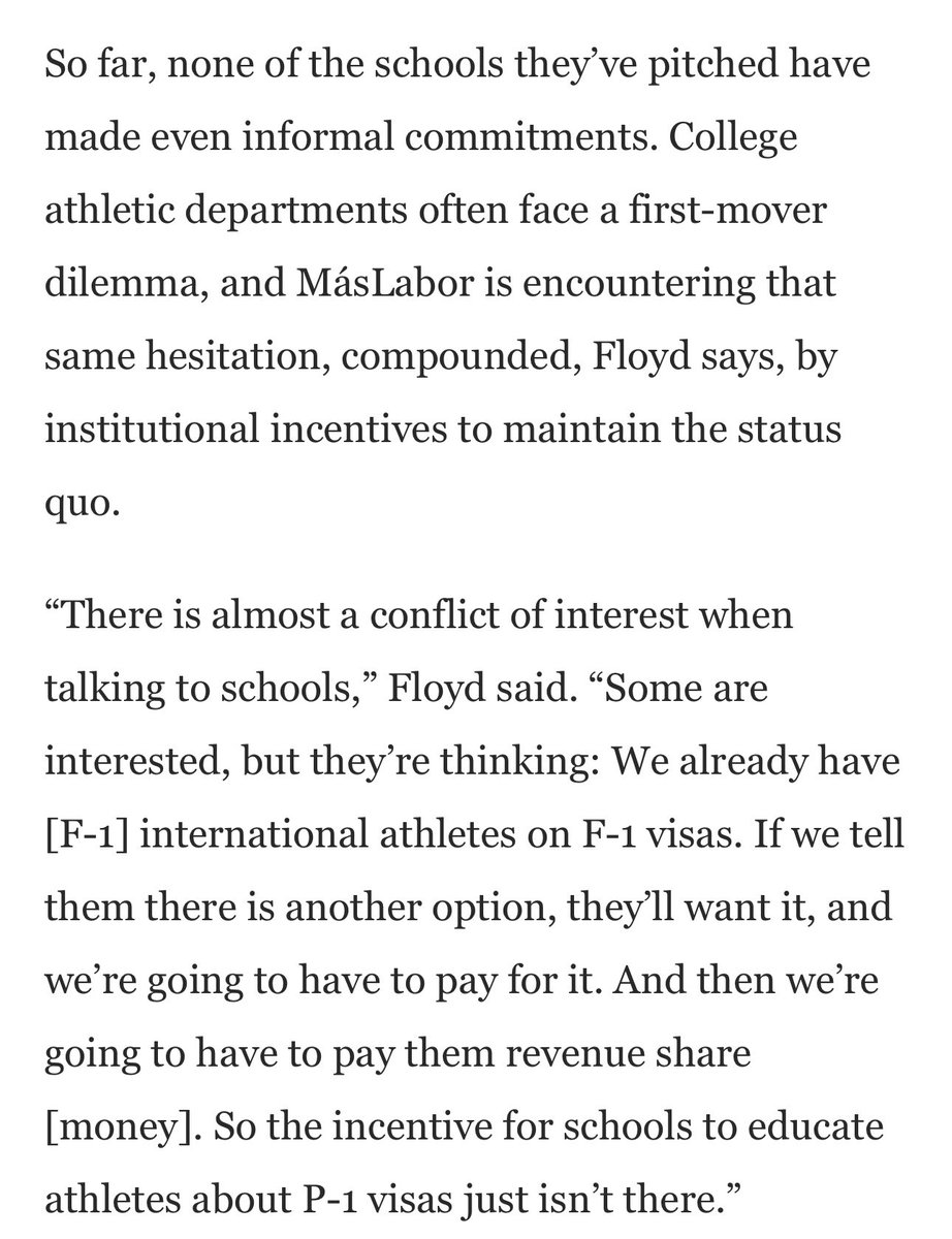 Interesting look at an effort to get international college athletes P-1 visas, which are usually reserved for those in the US primarily for athletic competition (not primarily for education).

As noted, athletics is exactly why many international college athletes are in the US.