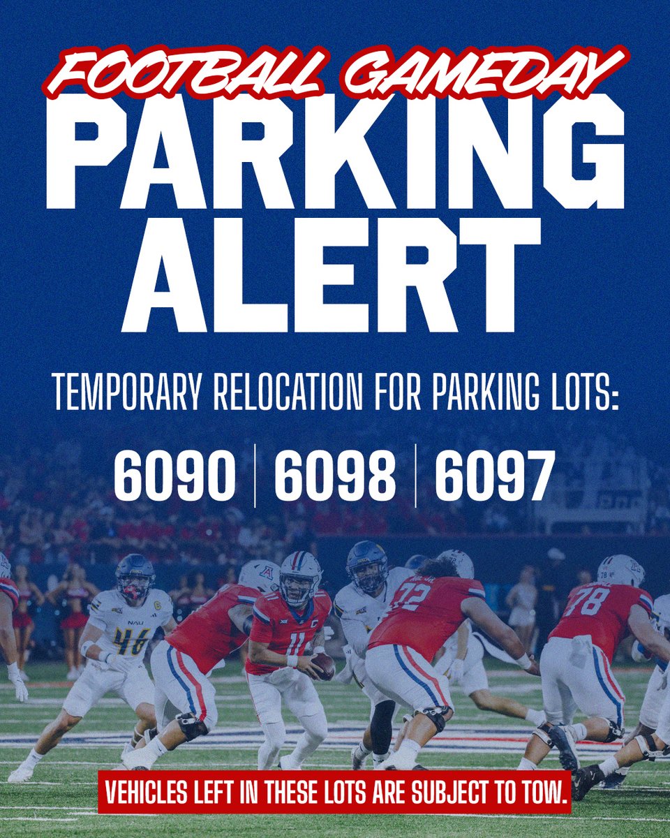 Attention Wildcats ‼️ Parking lots 6090, 6098, and 6097 are part of the Football Season Garage Displacement list. Please check your email for our update to find out where to temporarily move your vehicle and avoid towing. 🏈 For info + game day rules, visit our website.
