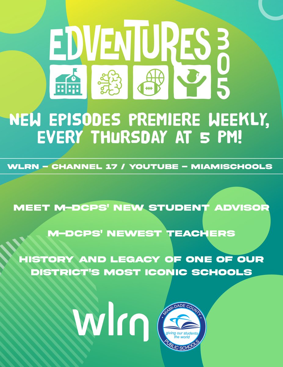 Today’s episode of EdVentures 305 airs at 5 PM on WLRN Channel 17 and YouTube (MiamiSchools)! Meet M-DCPS’s new student advisor and teachers, and explore the rich history and legacy of one of our district’s most iconic schools. You won’t want to miss these stories!
 
Watch here: