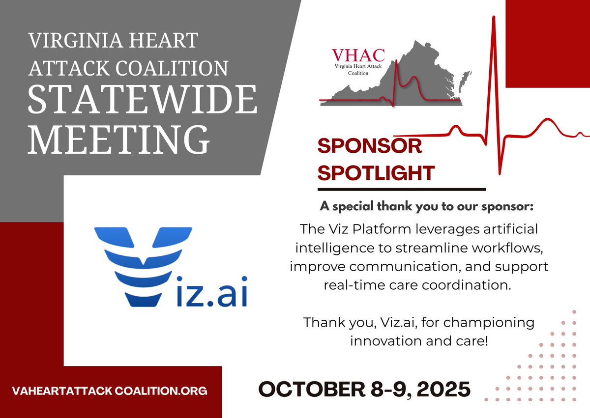 VHACML's tweet photo. 🚨 We appreciate the support of @Viz_ai for the VHAC Statewide Meeting Oct 8–9 at Lewis Ginter Botanical Garden!

Using AI to speed decisions &amp; improve heart attack care when every second counts.

👉 Register: https://t.co/3eq9MKRY5p
#VHAC2025 #HeartCare https://t.co/U8GUEV8Mhx