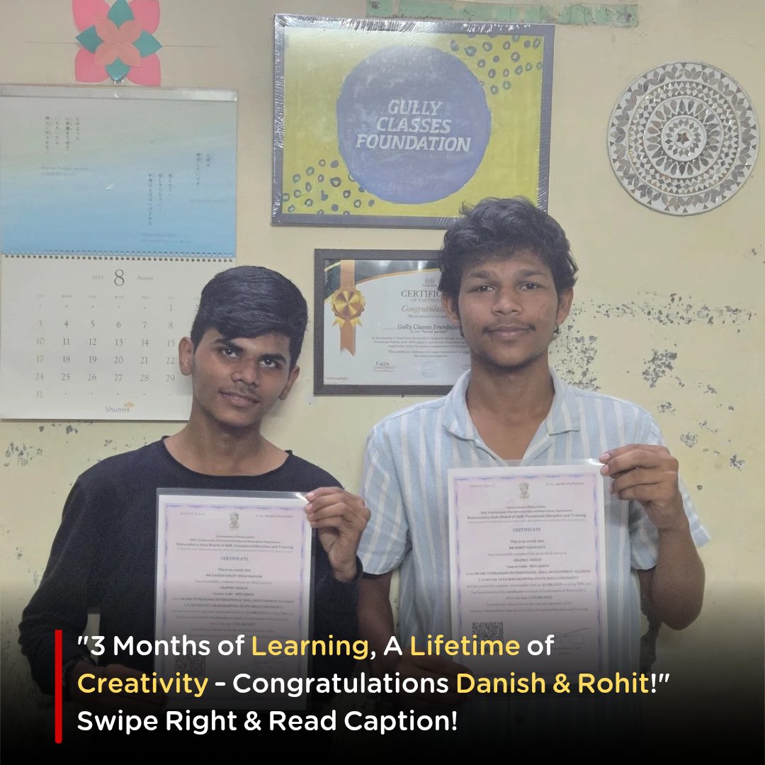 gullyclasses's tweet image. 1/5 🎉 A moment of immense pride for us at Gully Classes Foundation!
Our students Rohit Kanauajiya & Danish Kapoor have successfully completed their Graphic Design course! 🖥️🎨 #StudentSuccess #GraphicDesign #GullyClassesFoundation #Gcf4Education #NgoinMumbai