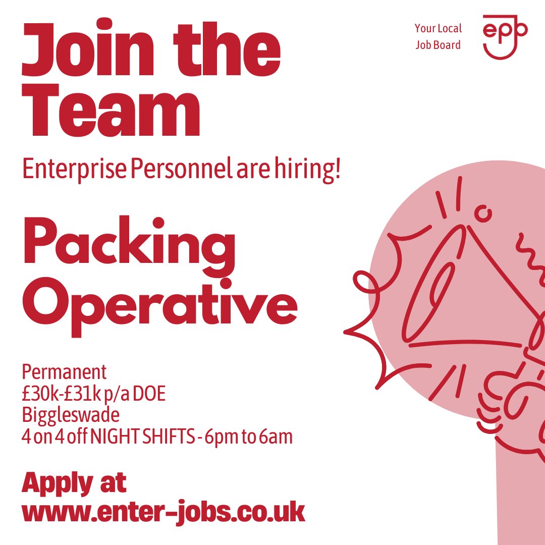 EnterJobs's tweet image. Enterprise Personnel's client is looking for a Packing Operative at their Biggleswade site.
Apply now via our website!

#packingoperatives #packingjobs #packingprocess #productionprocess #foodproduction #FoodProductionJobs  #FACTORYWORKER #nightshifts #biggleswade #bedfordshire