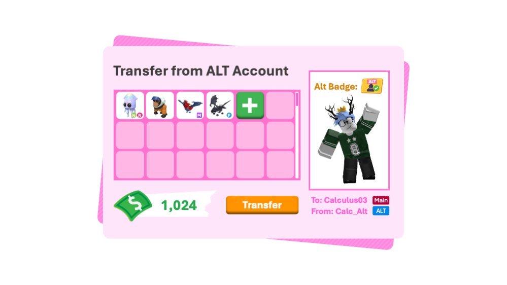 Should #AdoptMe implement this?

I had an idea to register 1 Roblox account as an ALT account, and have an ALT badge (similar to the trading license) for easy transfer to your main account (pets and AMC).

What do you think?