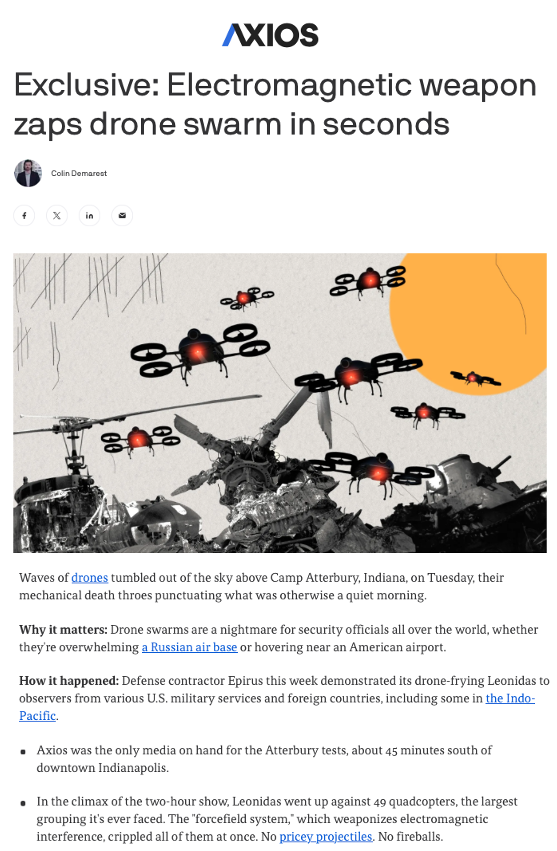 100% successful. 61/61 drones disabled across 5 operationally-relevant flight scenarios.

Capped off by a 49-drone swarm kill. Instantly and safely — all with one burst of electromagnetic interference.

Get an exclusive look inside our recent drone swarm demonstration from