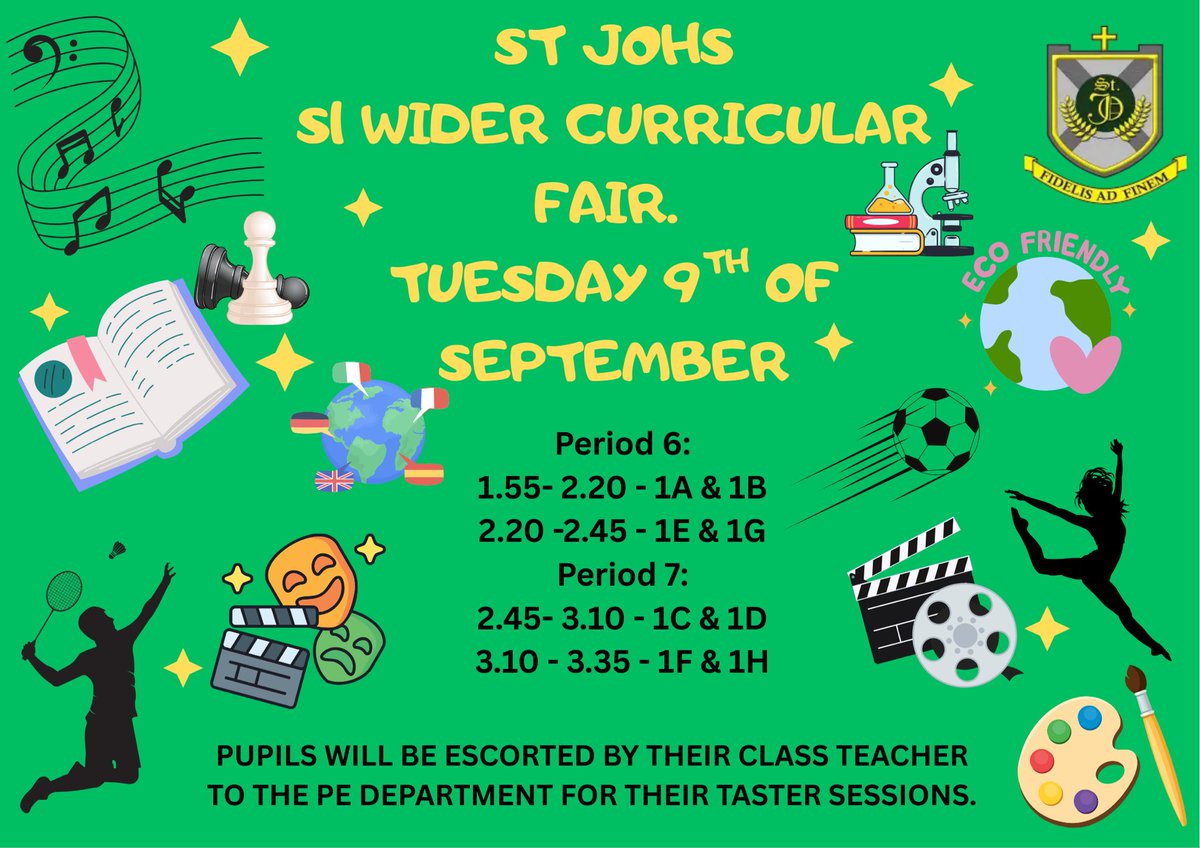 🚨 Attention all S1 pupils 🚨 

In less than 2weeks the PE Dept will be hosting a Wider Curricular Fair. This will showcase all the wonderful clubs we have on offer this year at SJOHS ⛹️‍♂️🎭

Timings for your visit to the fair is below ☺️ 

Look forward to seeing you all there!
