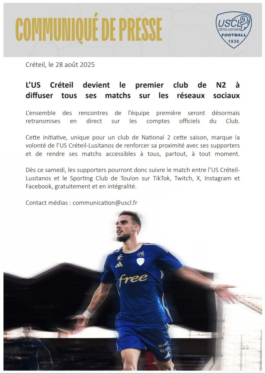 🚨 L'US CRÉTEIL VA DIFFUSER TOUS SES MATCHS EN INTÉGRALITÉ SUR LES RÉSEAUX SOCIAUX ! 🤩

Une superbe initiative de la part du club qui s'est engagé à diffuser ses matchs sur X, Facebook, Twitch et Instagram ! 🎥

Le match de ce week-end contre Toulon sera le premier à être