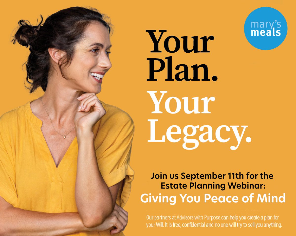 When it comes to all the to-dos in our life, getting our things in order and creating a Will tends to be one of the things we put off until another day. 

Join us for our next estate planning webinar "GIVING YOU PEACE OF MIND" on Sept 11.

Learn More: marysmeals.ca/en/legacy-givi…
