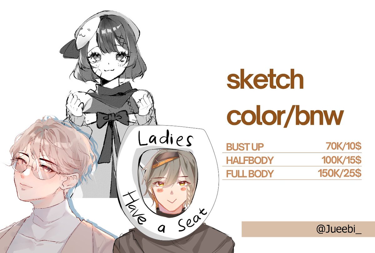 #WTS open commission characters
. 
Open style : bnw/simple color(sketch) &amp; full render
Commercial x2 base price 
Payment          : bca, gopay, Shopee