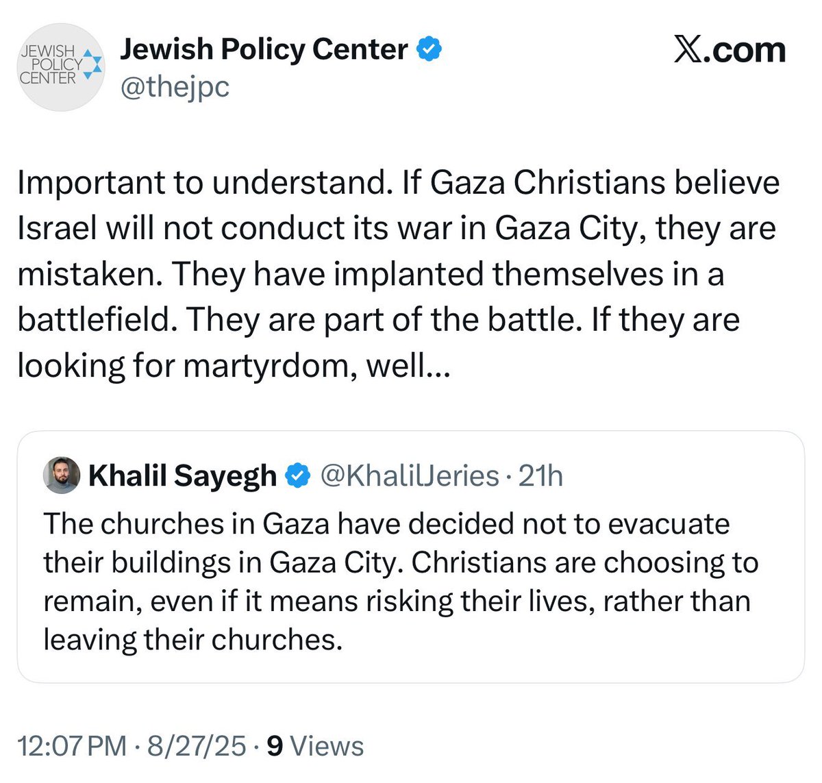 Idrees Ahmad | idreesahmad.bsky.social (@im_pulse) on Twitter photo This is what the Washington-based Jewish Policy Center (<a href="/thejpc/">Jewish Policy Center</a>) posted earlier, threatening to kill Christian priests & nuns who refuse to leave their churches in Gaza. I wonder what <a href="/GovMikeHuckabee/">Ambassador Mike Huckabee</a> <a href="/MikeJohnson/">Mike Johnson</a> think of this?
<a href="/Pontifex/">Pope Leo XIV</a> <a href="/ocaorg/">Orthodox Church OCA</a> @ctmagazine <a href="/ChristianPost/">The Christian Post</a> This is what the Washington-based Jewish Policy Center (<a href="/thejpc/">Jewish Policy Center</a>) posted earlier, threatening to kill Christian priests & nuns who refuse to leave their churches in Gaza. I wonder what <a href="/GovMikeHuckabee/">Ambassador Mike Huckabee</a> <a href="/MikeJohnson/">Mike Johnson</a> think of this?
<a href="/Pontifex/">Pope Leo XIV</a> <a href="/ocaorg/">Orthodox Church OCA</a> @ctmagazine <a href="/ChristianPost/">The Christian Post</a>