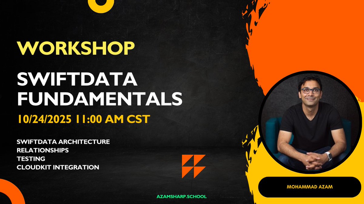 azamsharp's tweet image. SwiftData workshop is back! 

Learn the correct way of building SwiftData applications (No View Models). Learn about relationships, testing and even CloudKit integration. 

Reserve your spot: 
azamsharp.teachable.com/p/swiftdata-fu…

#swiftdata #iosdev