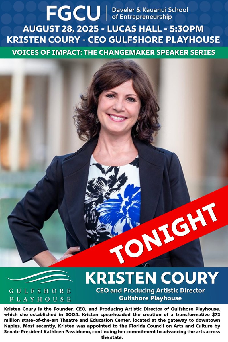 Join us today, at Lucas Hall at 5:30 PM in Lucas Hall for an inspiring conversation with entrepreneur Kristen Coury, Founder, CEO, and Producing Artistic Director of Gulfshore Playhouse (gulfshoreplayhouse.org). 

We look forward to seeing you there!