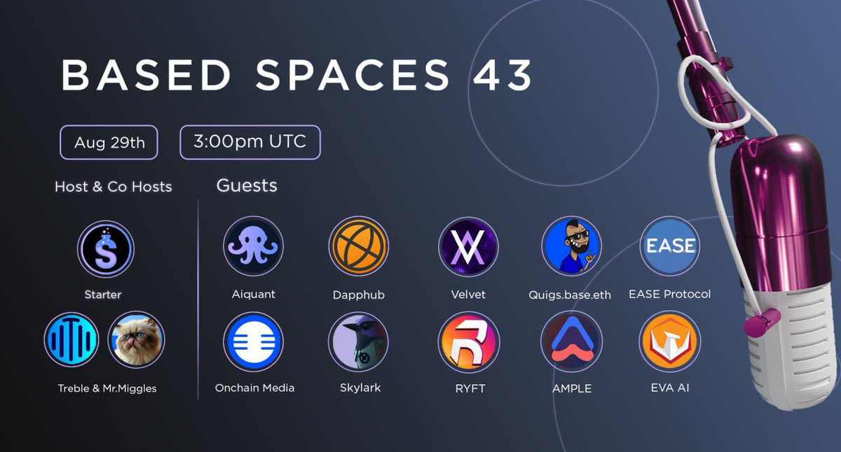 It’s that time again… 🎙️

‘Based Spaces 43: Onchain Summit, ETH ATH, Altseason’

Fresh insights, big debates, and market chatter you won’t want to miss.

🗓 Friday, August 29
⏰ 3PM UTC
📍 x.com/i/spaces/1OdJr…

BUIDLers, see you there. 🔥