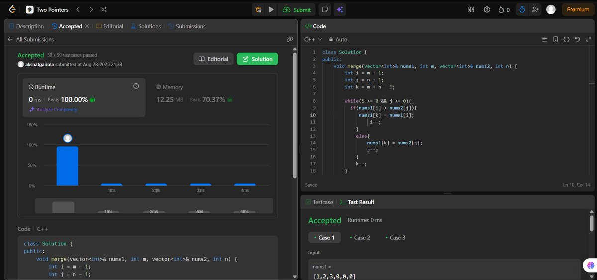 AkshatGair23428's tweet image. 🚀 Solved: Merge Sorted Array 🔢

Used the Two Pointer Approach 👇
✅ Compare elements from both arrays
✅ Start merge from backwards and place greater elements at correct order
✅ Handle remaining elements efficiently
📌 Clean &amp;amp; Optimal: O(m+n)
#LeetCode #DSA #TwoPointer