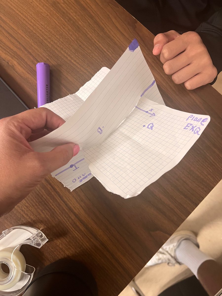 MrsCookMSMath's tweet image. My geometry students are having fun creating models of intersecting planes. They thought it was cool that two lines will never intersect and yet they would not be considered parallel. #NorthsideUnstoppable #MSGeometryClass #PointsLinesandPlanes