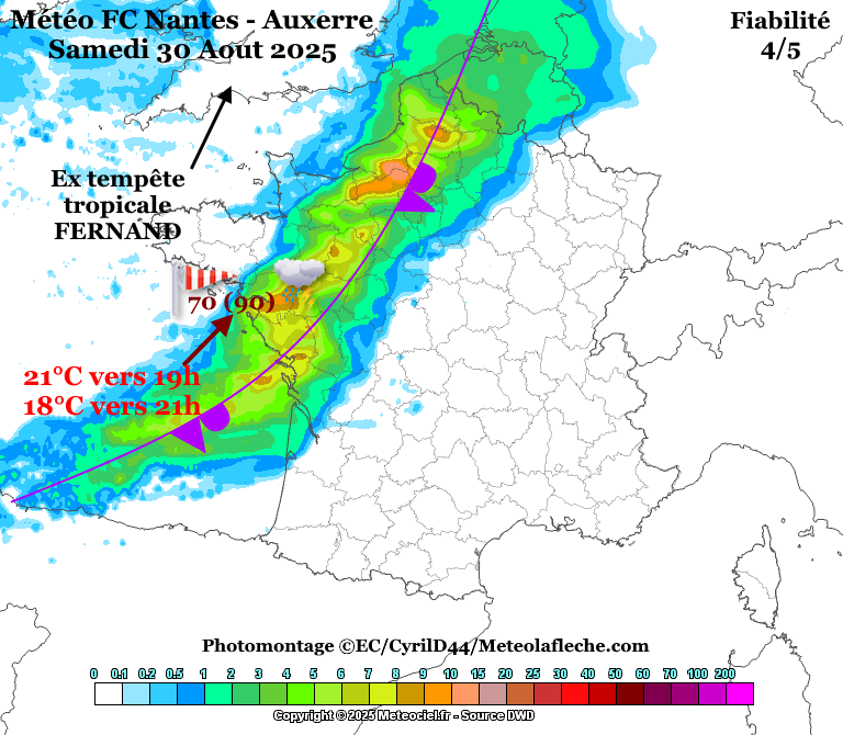CyrilD44's tweet photo. Point #météo #FCNAJA (Fiabilité 4/5)
Fortes pluies en perspective durant la rencontre !
Après l'ex cyclone #ERIN, voici l'ex tempête tropicale #FERNAND.
Cette nouvelle dépression pourrait conserver des caractéristiques tropicales au niveau des précipitations.
Prudence ! https://t.co/JMqEFTEi6H