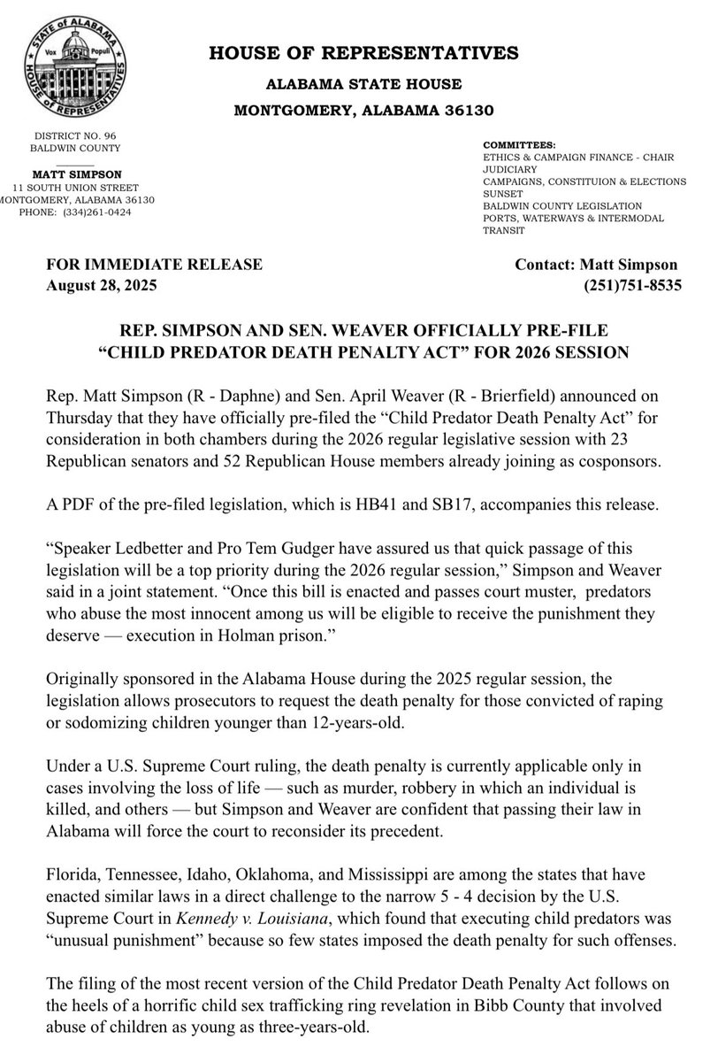 Matt Simpson (@mattsimpson) on Twitter photo The Child Predator Death Penalty Act has been filed in Alabama. HB 41/SB 17. With Senator <a href="/aprilcweaver/">April Weaver</a> The Child Predator Death Penalty Act has been filed in Alabama. HB 41/SB 17. With Senator <a href="/aprilcweaver/">April Weaver</a>