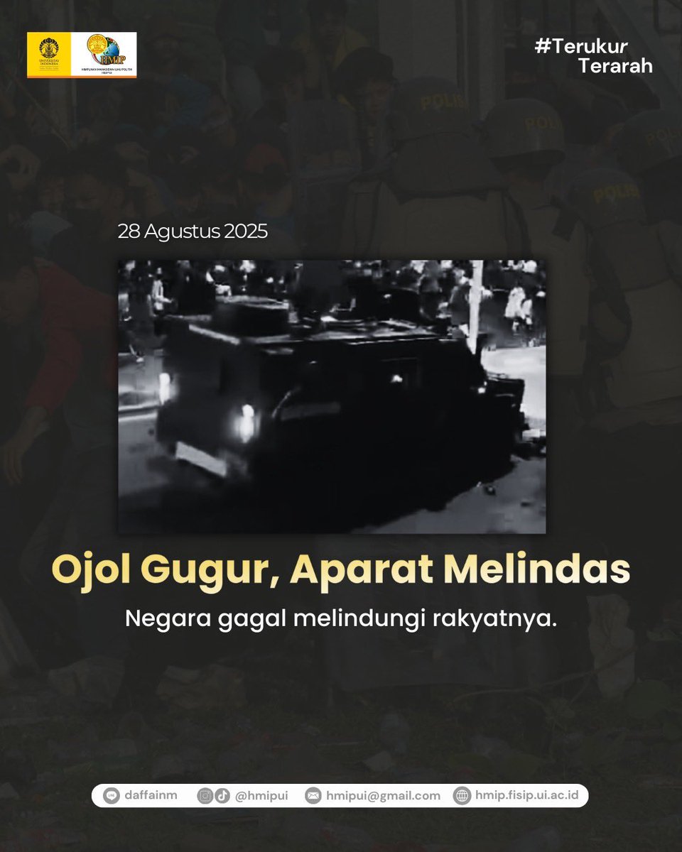 Ojol gugur dilindas di bawah ban aparat.
Satu nyawa bukan angka, satu tragedi bukan insiden.
#ReformasiPolri