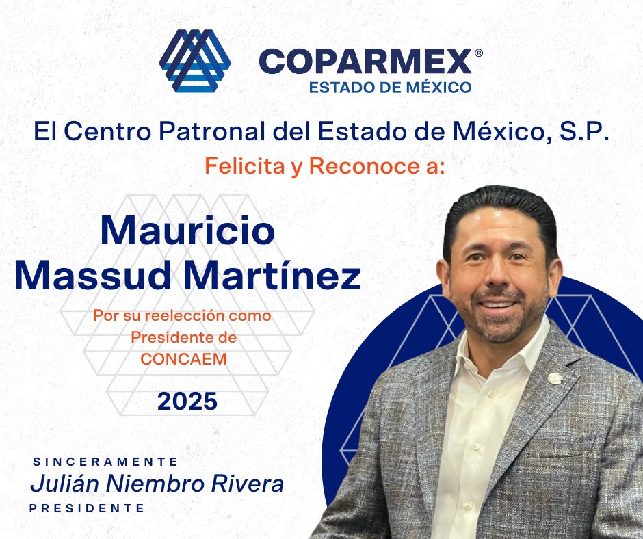 🔹Felicidades <a href="/MassudMauricio/">Mauricio Massud</a> por tu ratificación como Presidente de <a href="/Concaem/">CONCAEM</a>.

Estoy seguro que bajo tu liderazgo se seguirán logrando grandes metas.

¡Felicidades, Mauricio! 🥳
