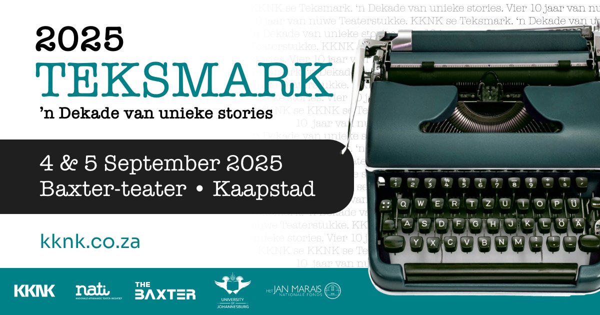 Teksmark vier ’n dekade van unieke stories in 2025! Sluit by ons aan op 4 en 5 Sept. by die Baxter-teater se Baxter Studio waar ’n uitsonderlike groep skrywers – waaronder 3 Hertzog-pryswenners – ’n opwindende blik bied op wat voorlê vir Suid-Afrikaanse teater. Bywoning gratis.