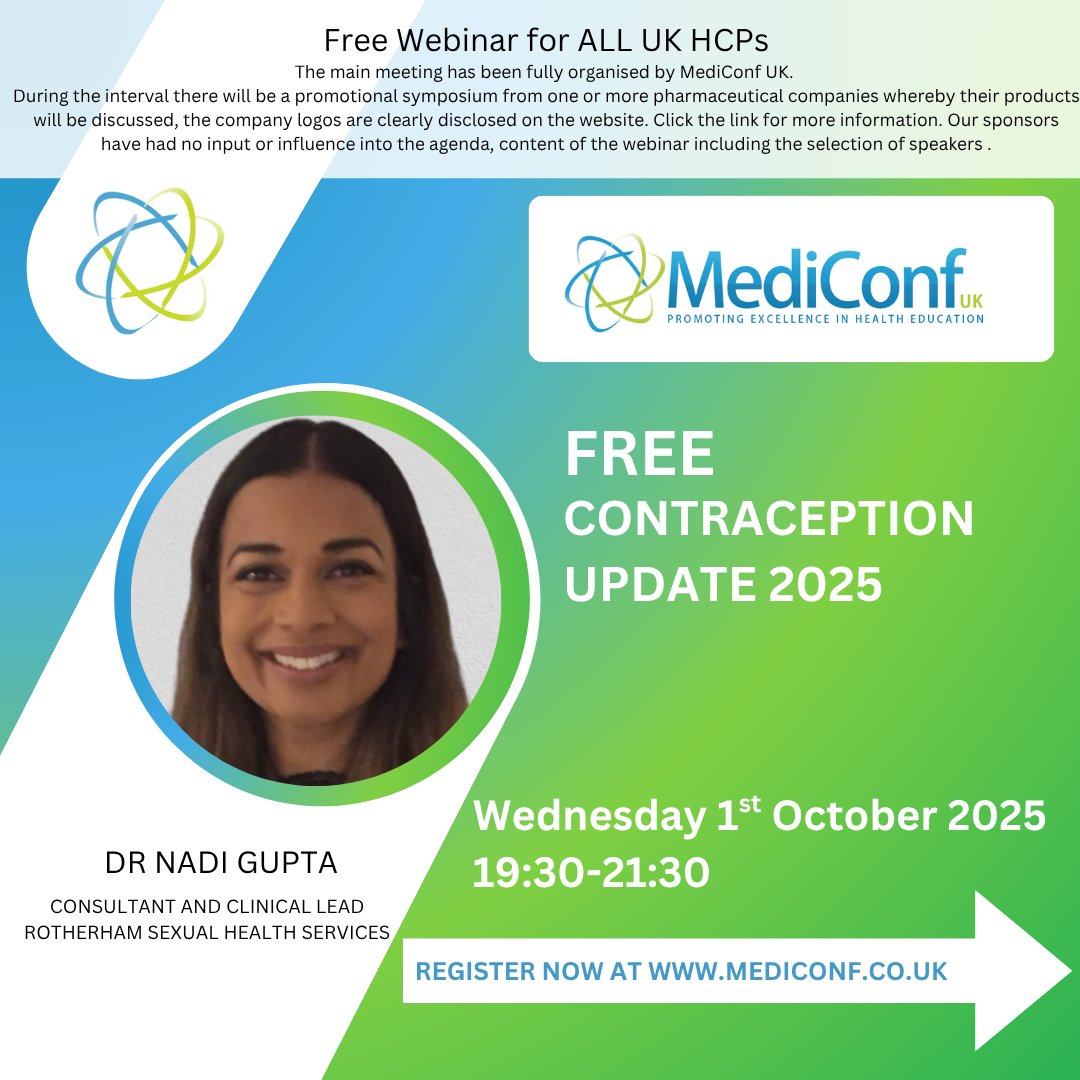 For UK HCPs: 💊 Over 1,000 HCPS booked on to Contraception Update 2025 with Dr Nadi Gupta – 1st Oct.

Interactive case discussions, FSRH guidance highlights, newer pills &amp; key drug updates.

🔗 mediconf.co.uk/event-details.…

#Contraception #PrimaryCare #UKHCPs #MedicalEducation