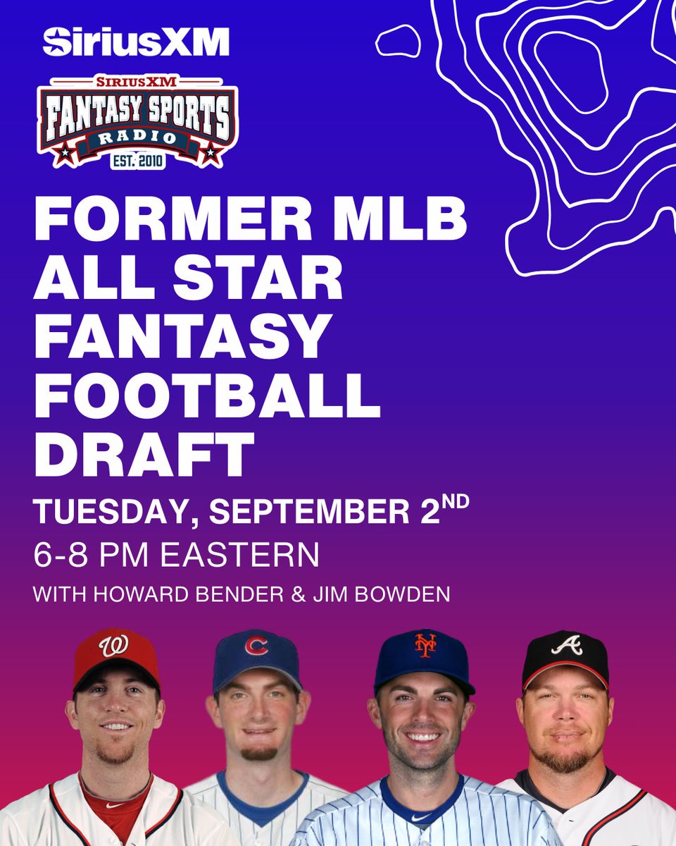 Fantasy Sports Radio (@siriusxmfantasy) on Twitter photo What happens when Brian McCann, Dan Uggla, <a href="/SlidersNSaves54/">Brad Lidge</a>, <a href="/RealCJ10/">Chipper Jones</a>, Geoff Jenkins, Eric Hinske, David Wright, Derrek Lowe, Ben Sheets, Daniel Vogelbach & <a href="/Dempster46/">RyanDempster</a> are in a Fantasy Football League? The trash talk is REAL. Tune in for the MLB All-Star Fantasy Football Draft, What happens when Brian McCann, Dan Uggla, <a href="/SlidersNSaves54/">Brad Lidge</a>, <a href="/RealCJ10/">Chipper Jones</a>, Geoff Jenkins, Eric Hinske, David Wright, Derrek Lowe, Ben Sheets, Daniel Vogelbach & <a href="/Dempster46/">RyanDempster</a> are in a Fantasy Football League? The trash talk is REAL. Tune in for the MLB All-Star Fantasy Football Draft,