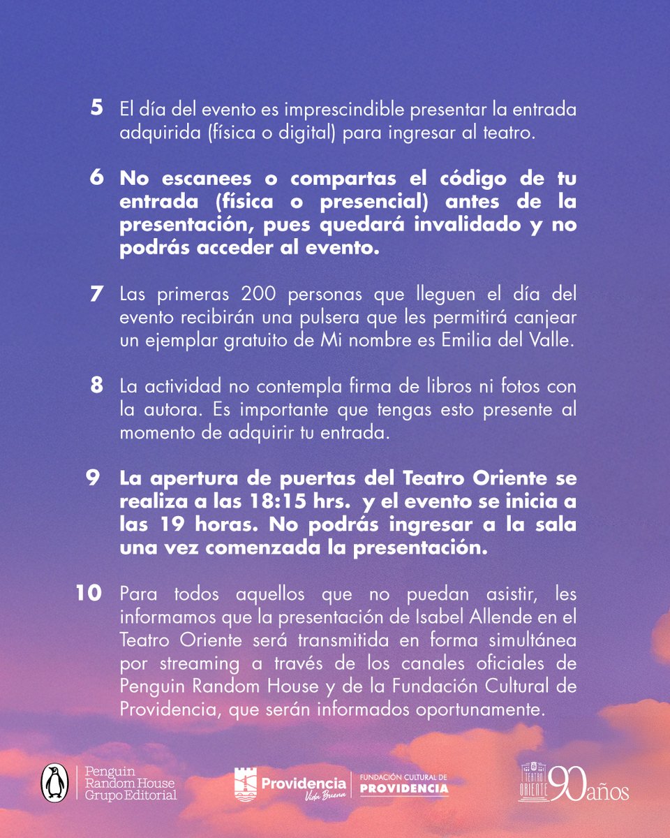 GUARDA ESTE RECORDATORIO SOBRE EL REGRESO DE ISABEL ALLENDE A CHILE 😍
 
Lee con mucha atención la información en este carrusel sobre la liberación de las entradas este lunes 1 de septiembre y la presentación el próximo 24 de septiembre en <a href="/teatrooriente/">Teatro Oriente</a> 

Cc <a href="/CulturaProvi/">Cultura Provi</a>