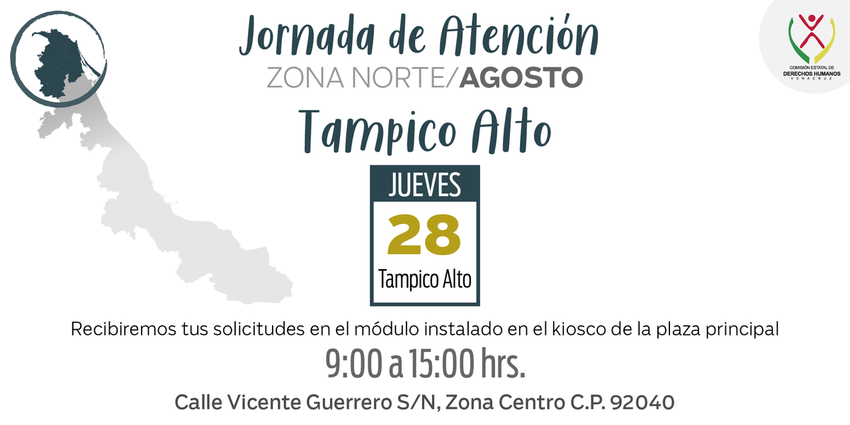 CEDH Veracruz (@cedhveracruz) on Twitter photo ¿Tienes un problema y no sabes qué autoridad te puede atender? Acude a la Jornada de Atención Zona Norte en el municipio de #TampicoAlto hoy jueves 28 de agosto de 9:00 a 15:00 hrs. ¿Tienes un problema y no sabes qué autoridad te puede atender? Acude a la Jornada de Atención Zona Norte en el municipio de #TampicoAlto hoy jueves 28 de agosto de 9:00 a 15:00 hrs.